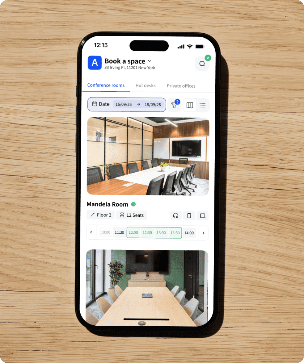 Mobile app listing conference rooms like Mandela Room on floor 2, with availability calendar and photos of rooms with tables and chairs.