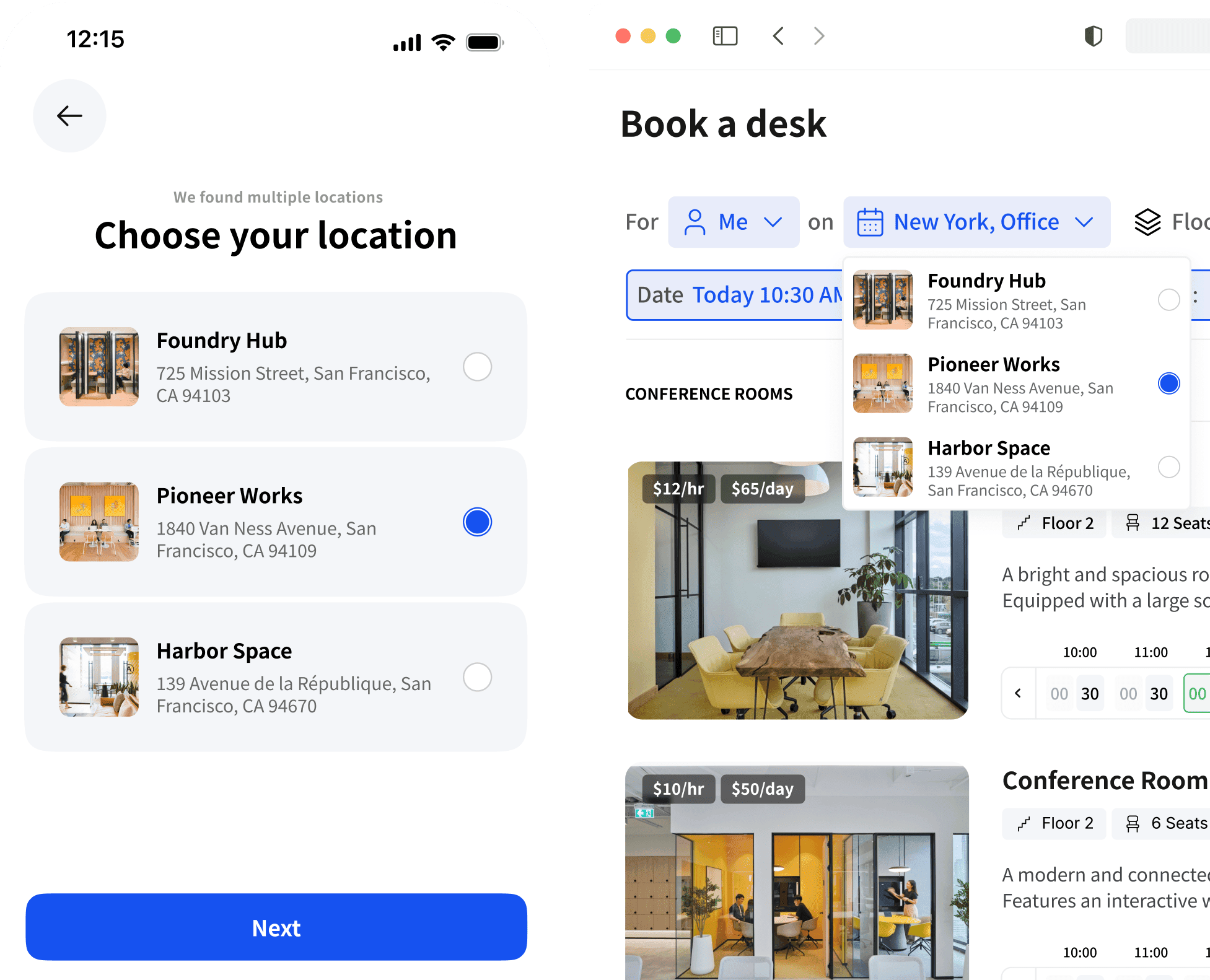 Archie Mobile app interface for choosing a workspace location with options for different coworking spaces and desk interface for booking a desk with options for different locations and times.