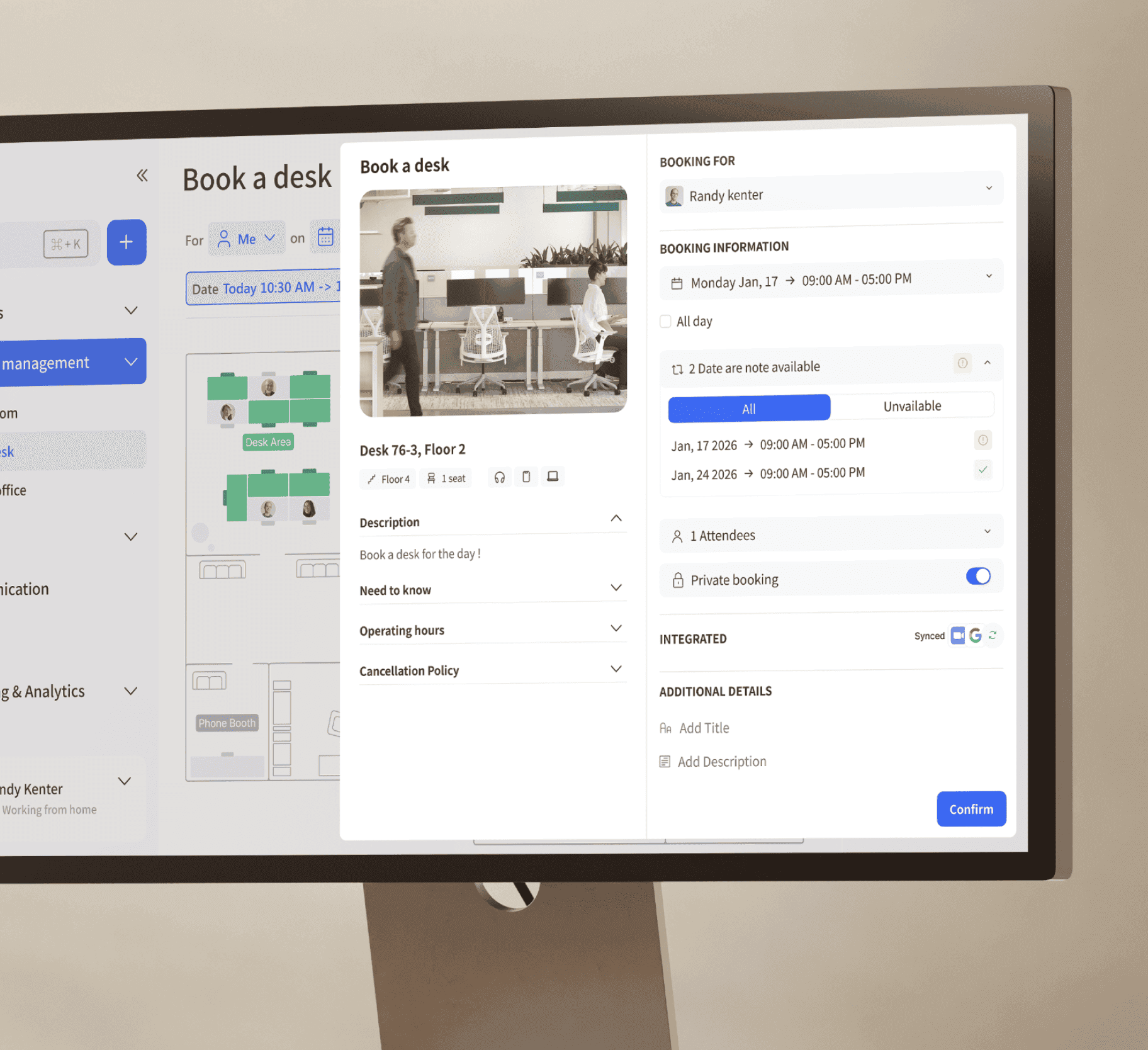 Desktop view of Archie's desk booking features.