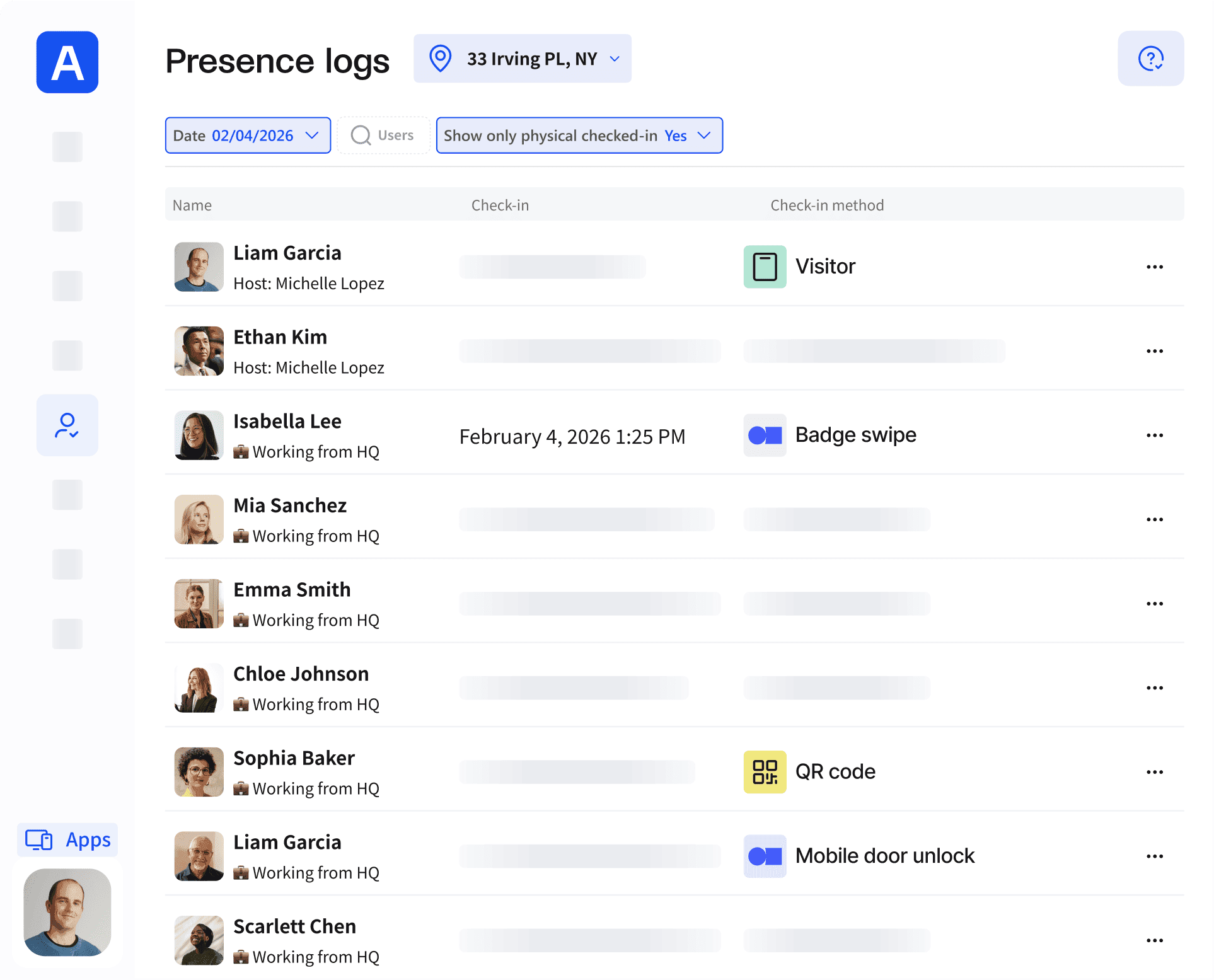 A presence log interface in an application showing check-in details of various individuals, including their names, check-in times, and methods.