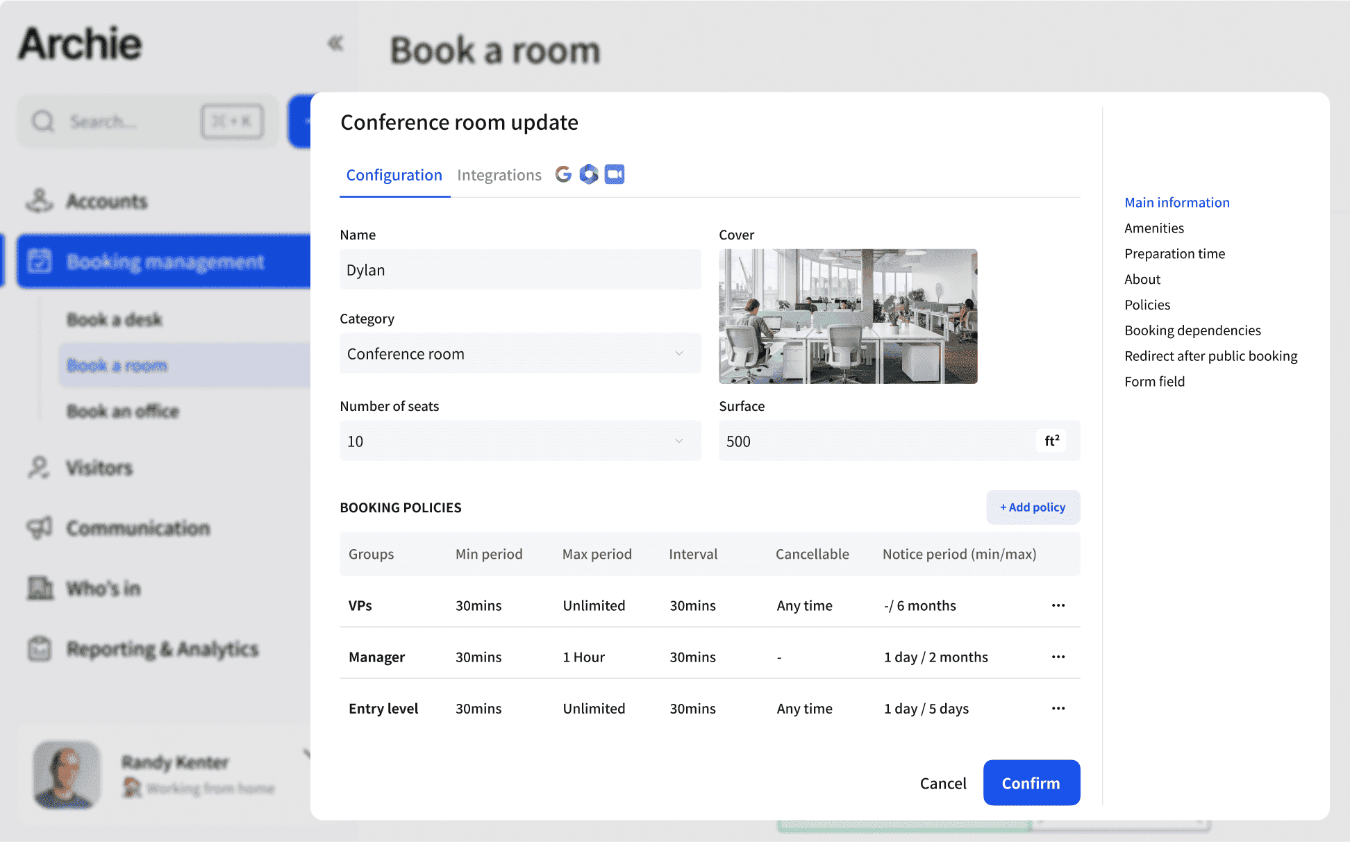 Computer screen displaying different room booking settings and policies you can set with Archie. 
