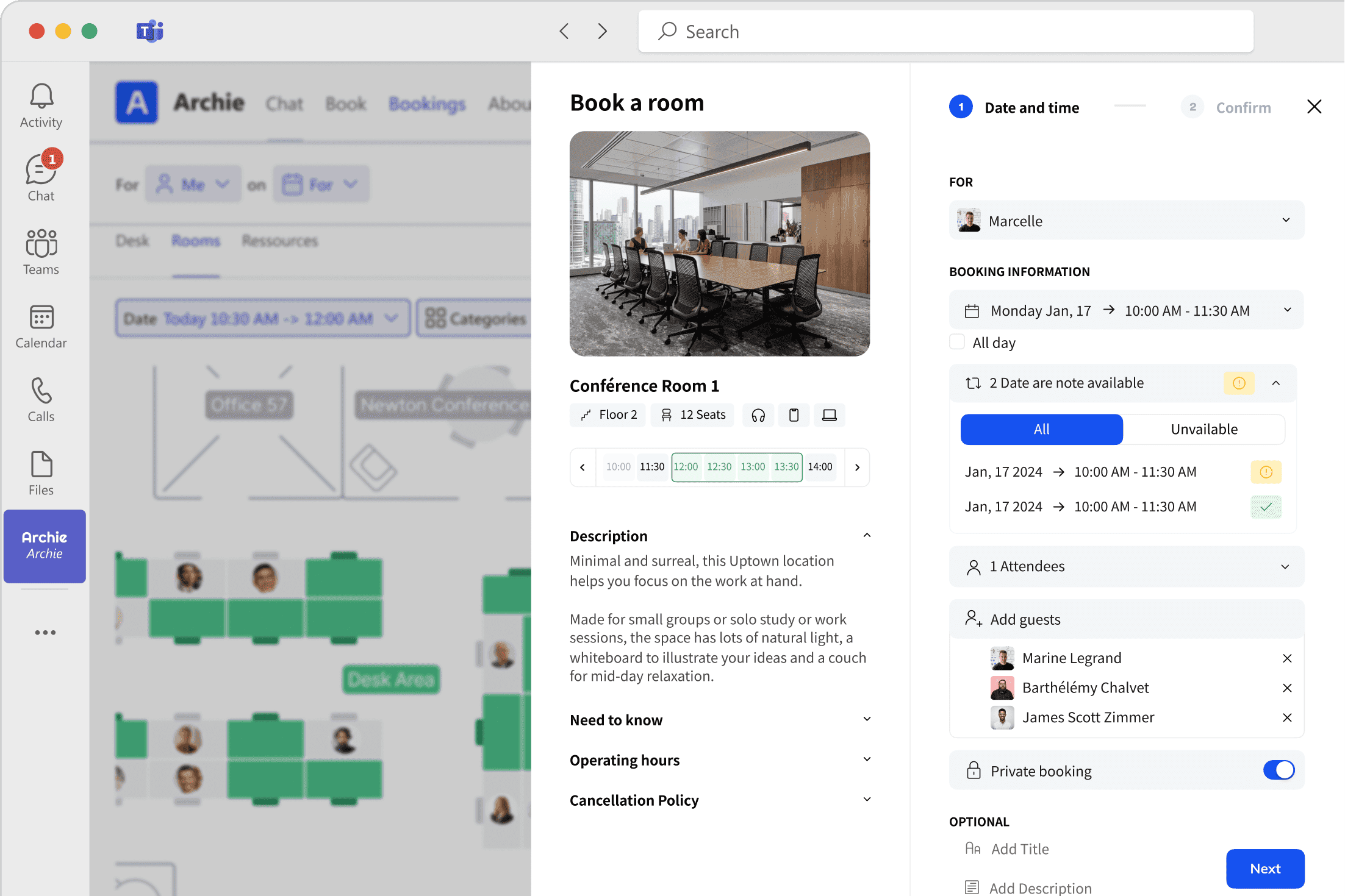 Le système de réservation de salles d'Archie est intégré à l'interface de Microsoft Teams.