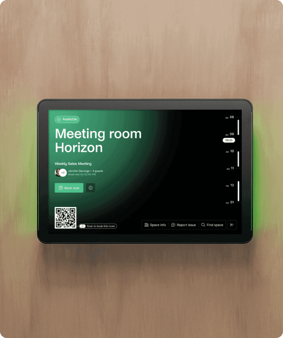 Tablet screen showing “Weekly Sales Meeting” in green-themed meeting room booking interface with QR code and status options.