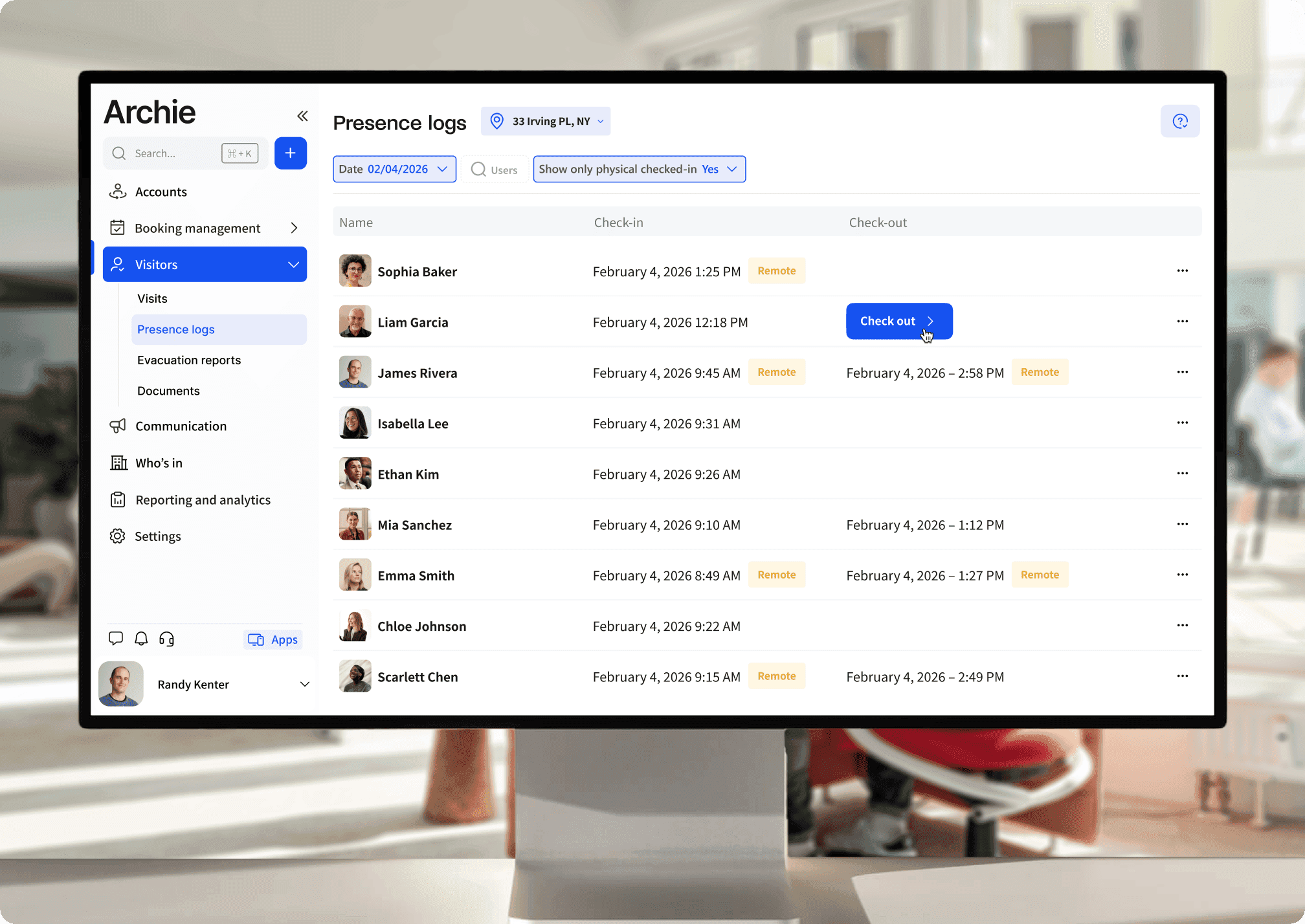 Desktop presence log showing a list of visitors with check-in and check-out times in an office dashboard UI.