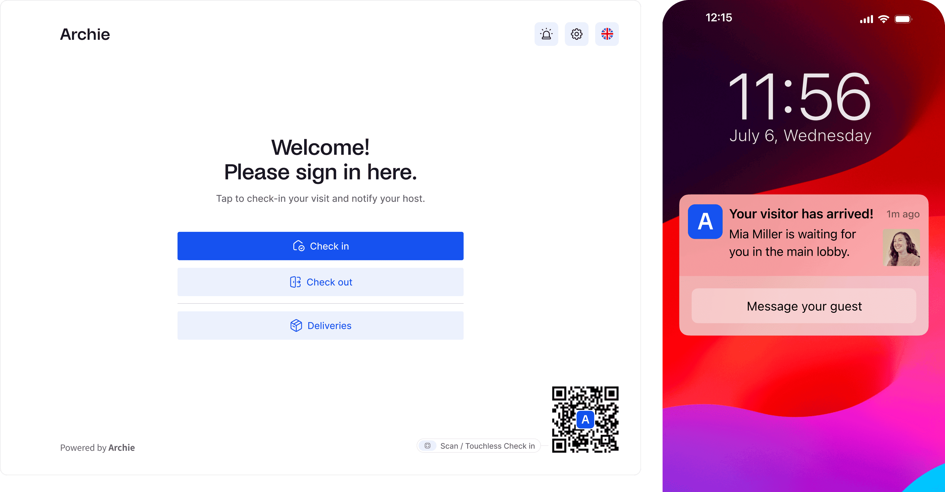 Split view: Archie app sign-in screen with check-in/out buttons and QR code; iPhone notification “Mia Miller is waiting for you” at 11:56 on July Wednesday.
