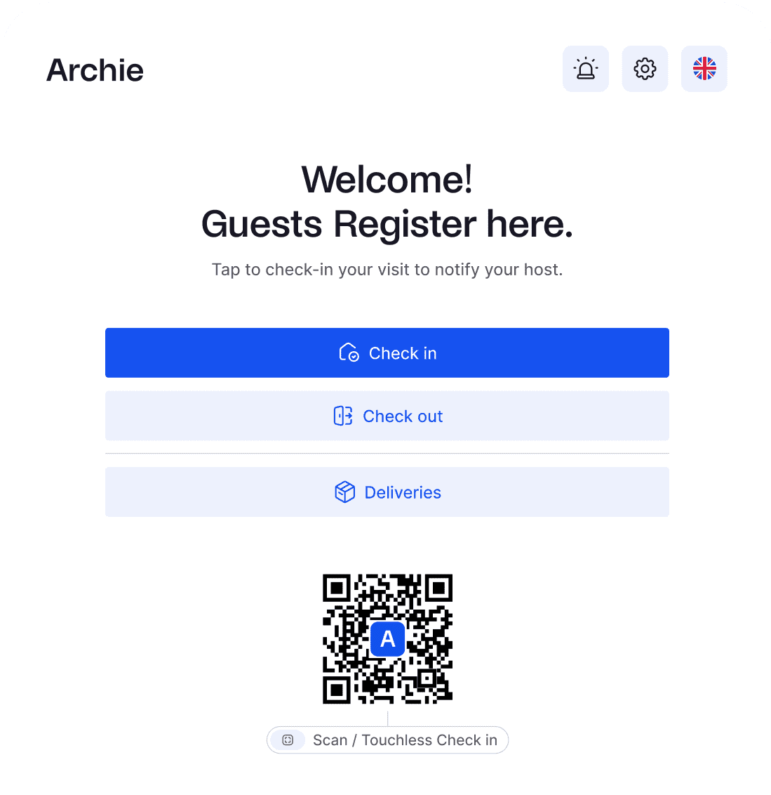 Tablet screen with Archie Visitors app and a welcome message for guest registration, including check-in, check-out, and deliveries options.
