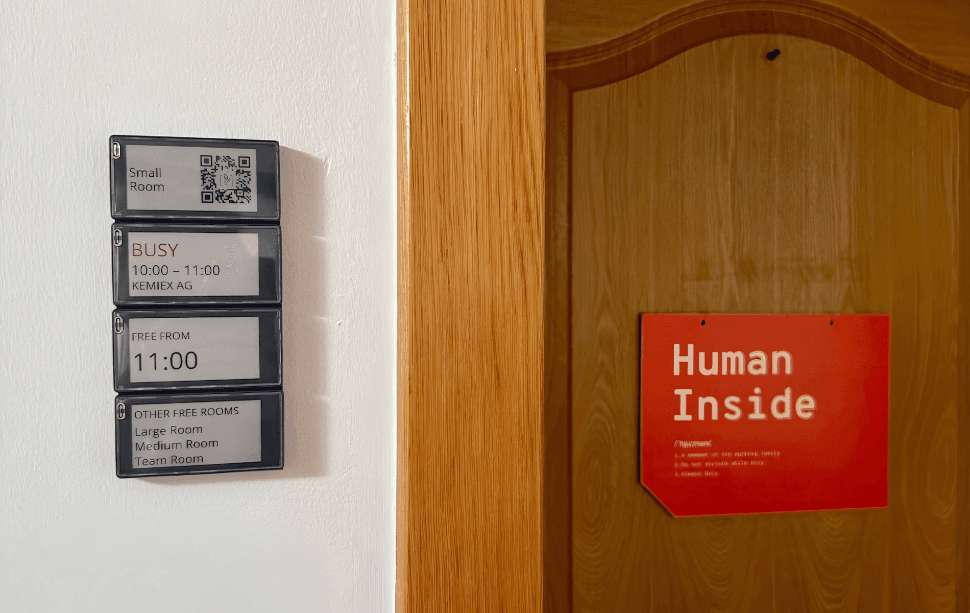 E-ink occupancy displays at DevPlant powered by Archie's real-time booking data
