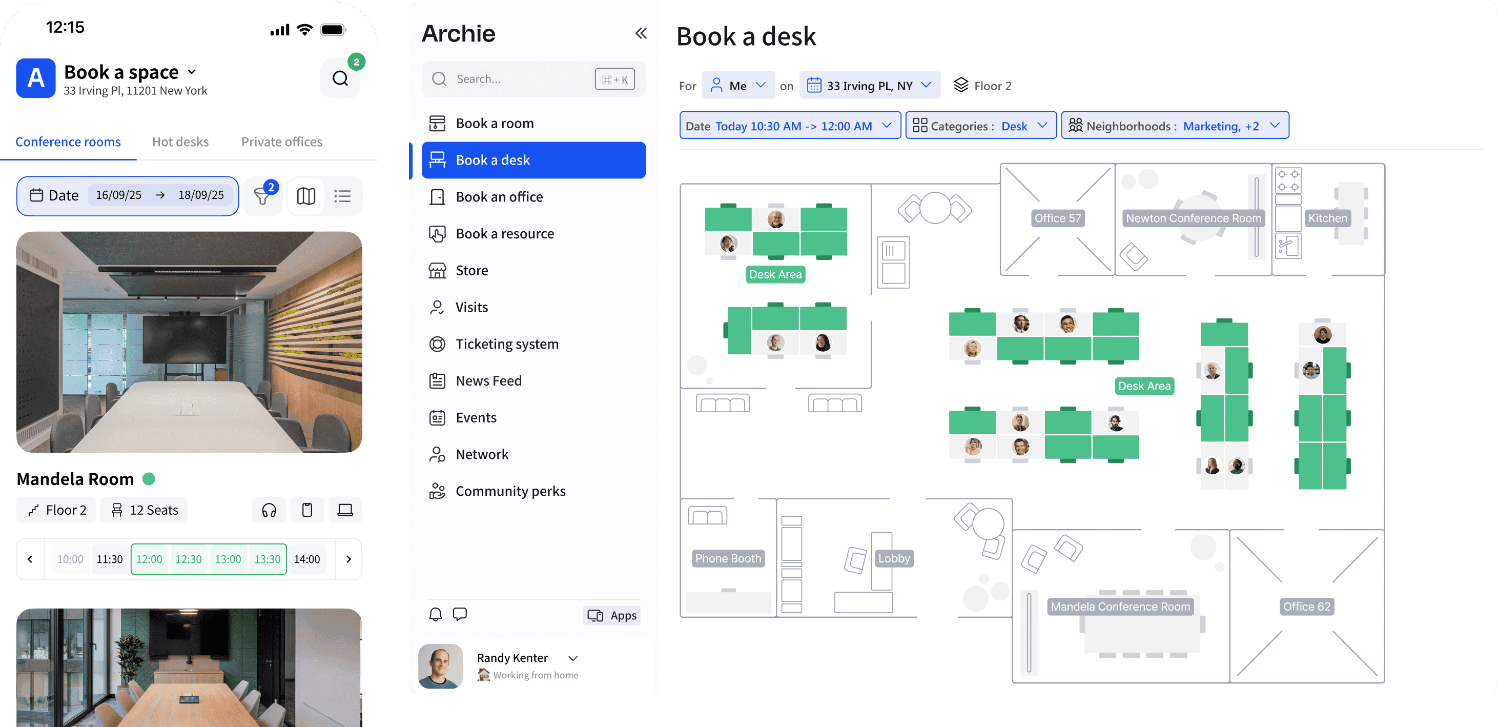 Room and desk booking interface with floor and seat selection options.
