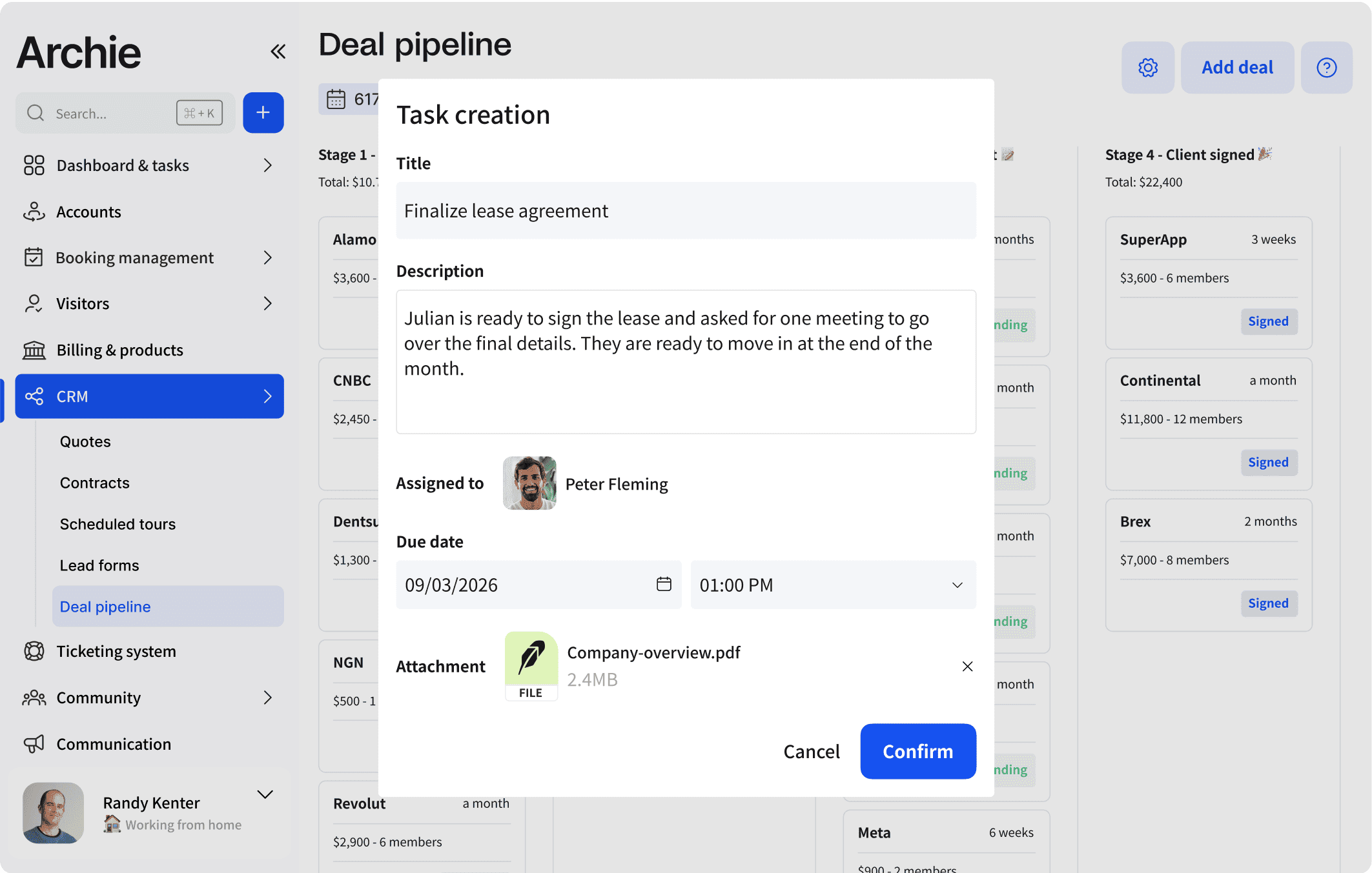 CRM system showing deal pipeline and task creation window for lease agreements.
