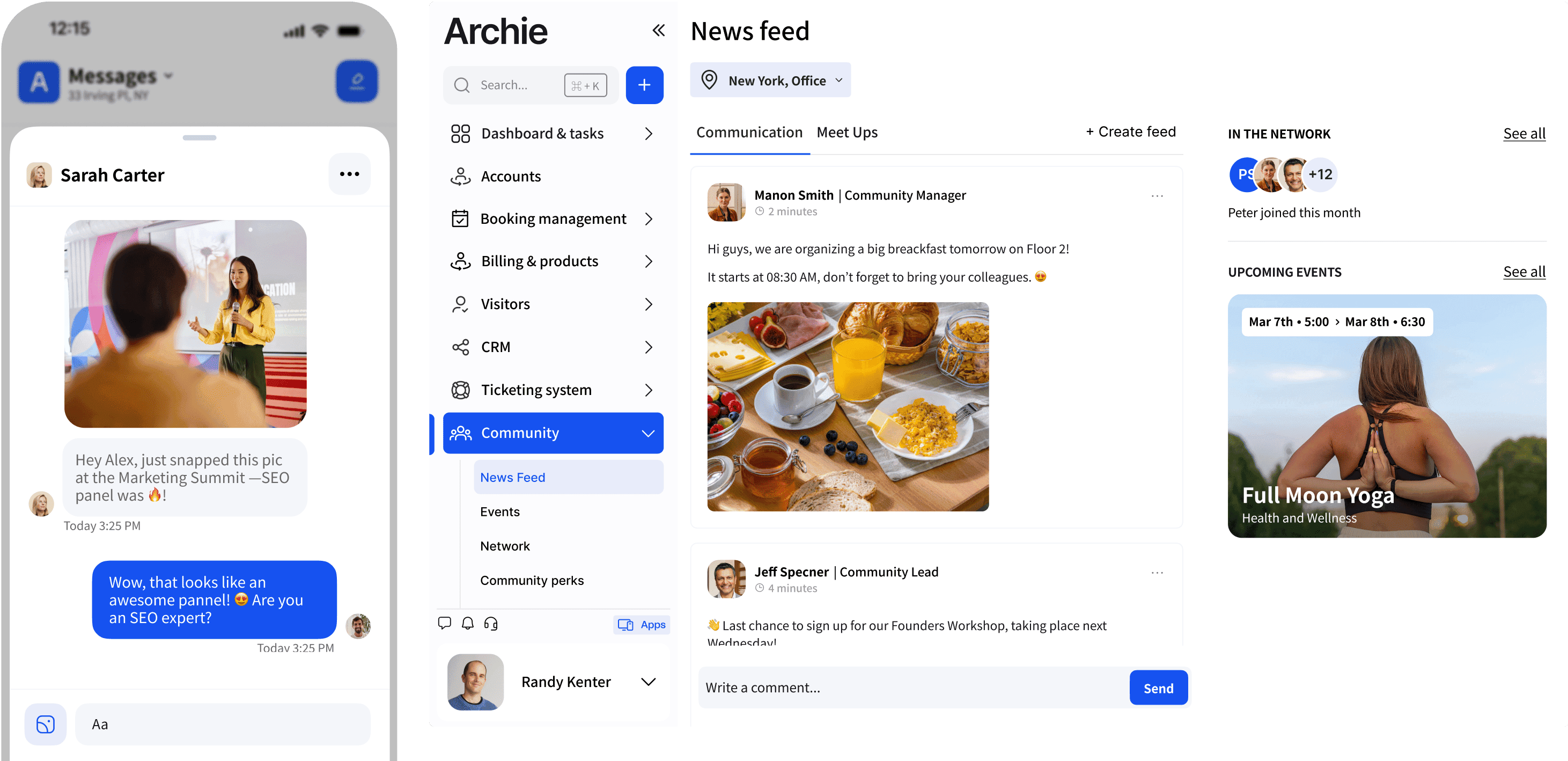 Mobile and desktop community messaging and news feed with events and team updates.