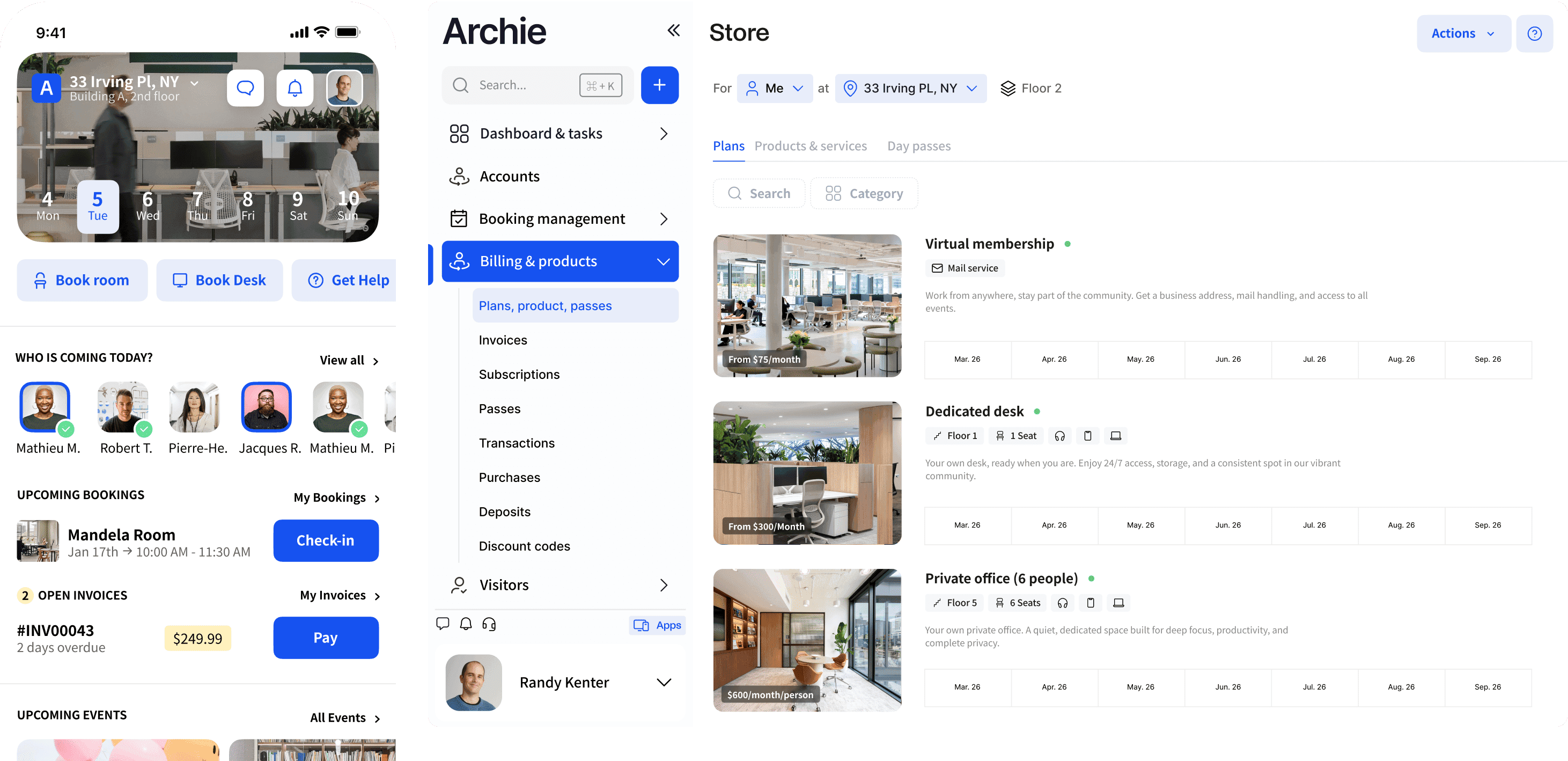 Membership and desk plan selection interface for workspace bookings.