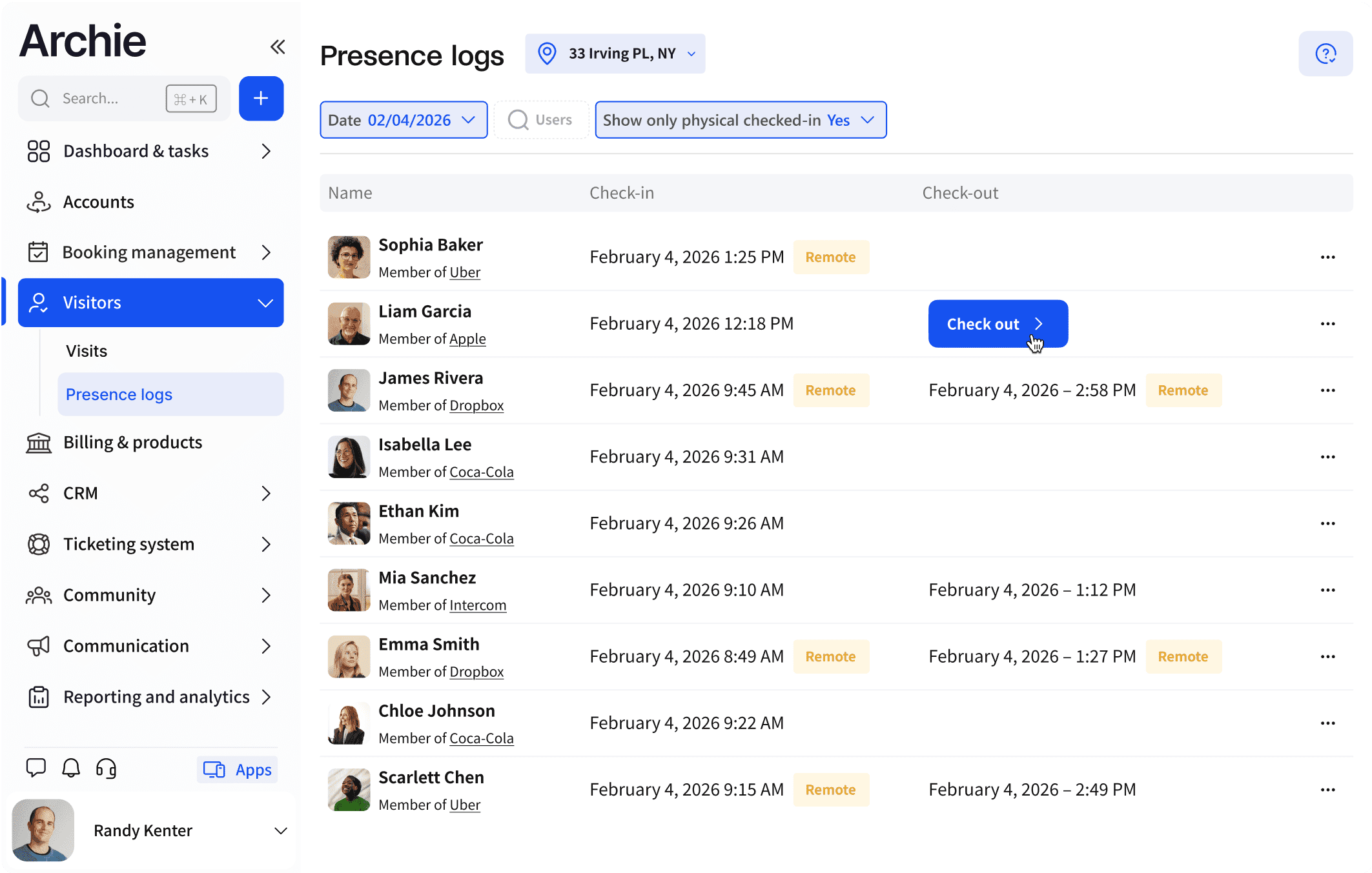 Presence logs page with check-in and check-out details for office visitors.
