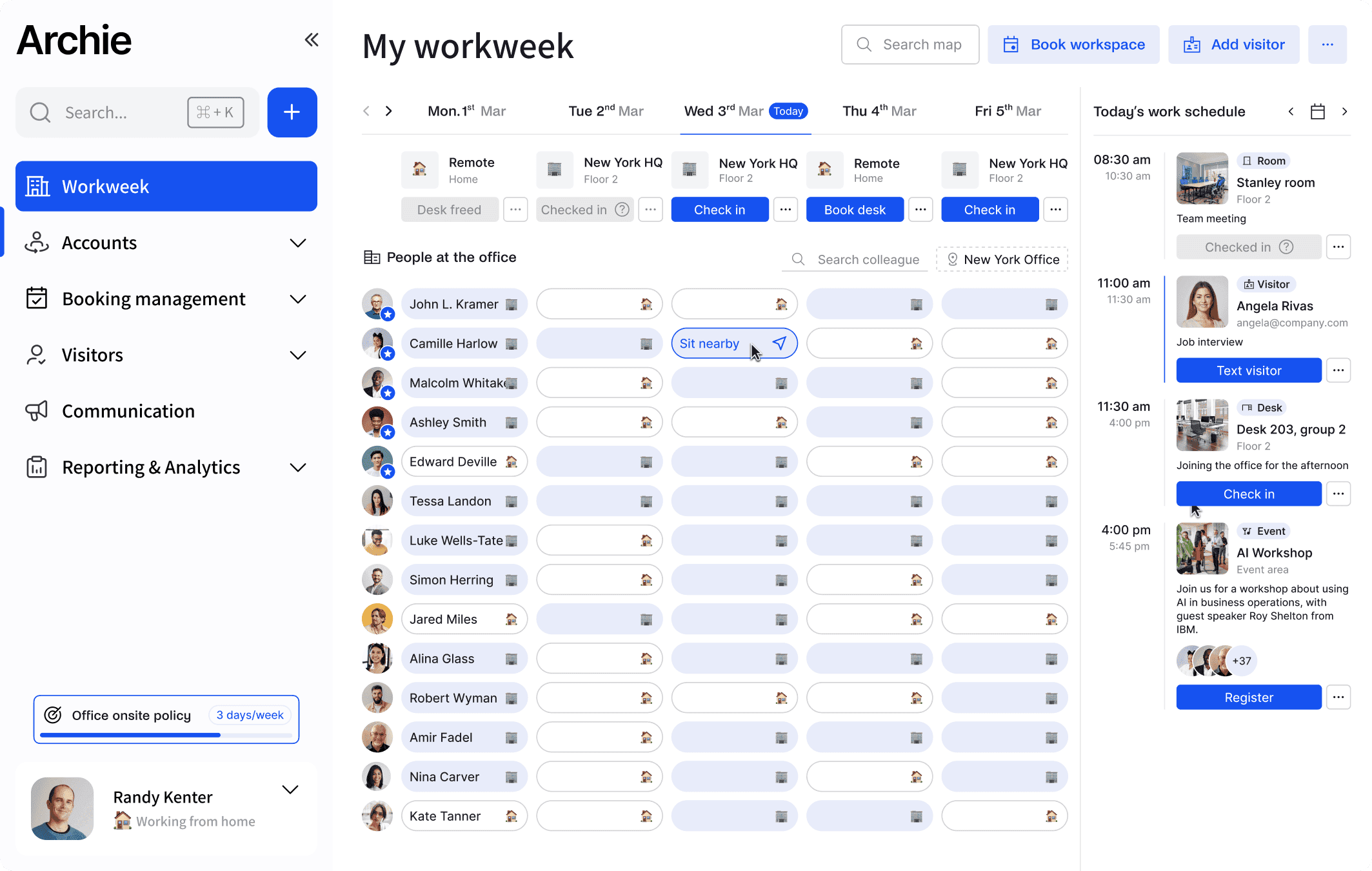 Dashboard interface for scheduling workweek, desk bookings, and team presence.