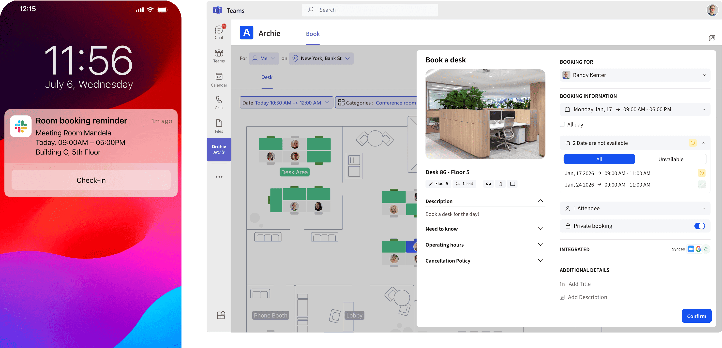 Room booking reminder notification on mobile, and desk booking system integrated in Teams.