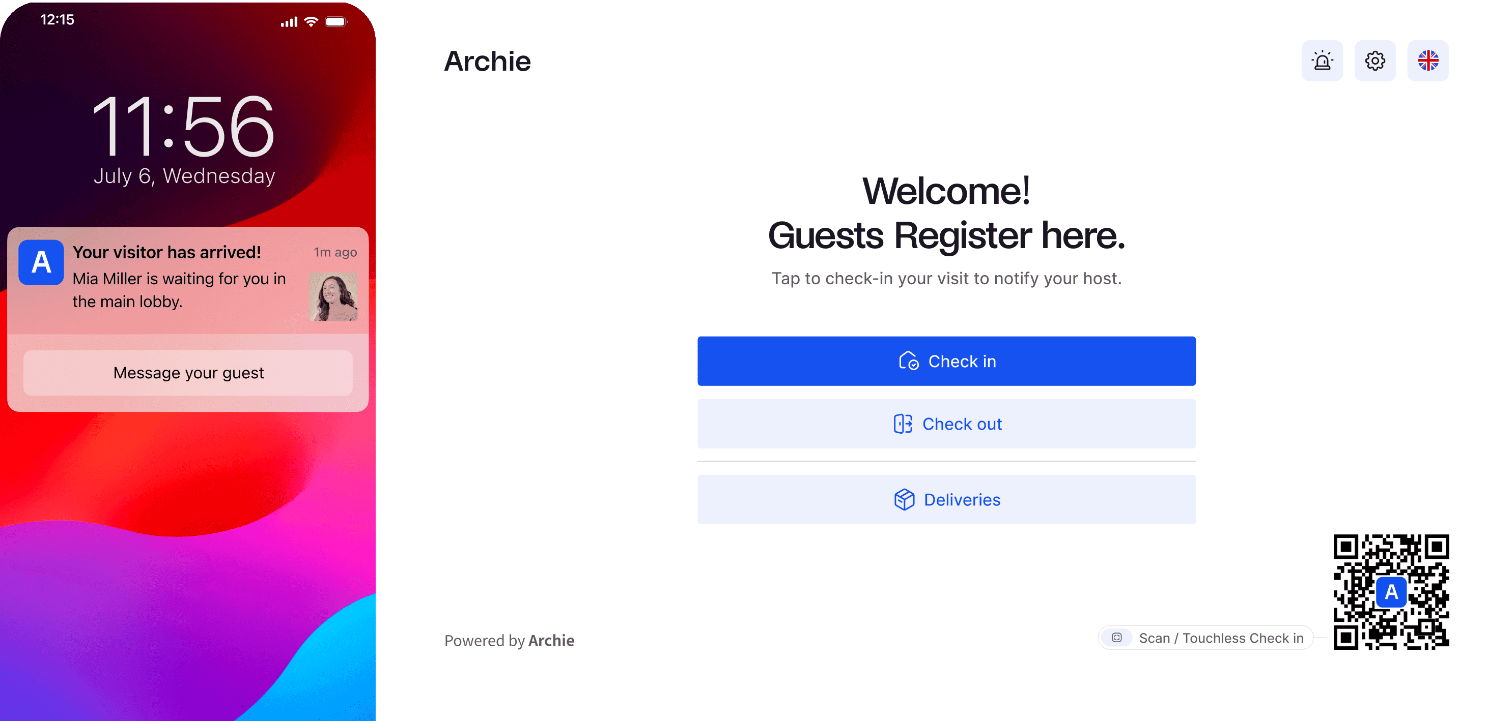 Visitor arrival notification on mobile and guest registration check-in screen.