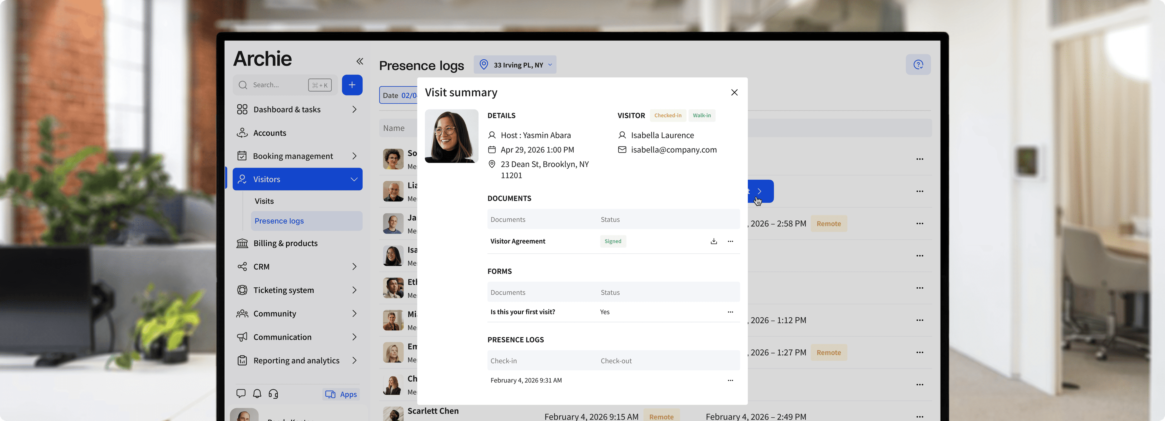 Presence logs displayed on monitor with a visit summary popup.