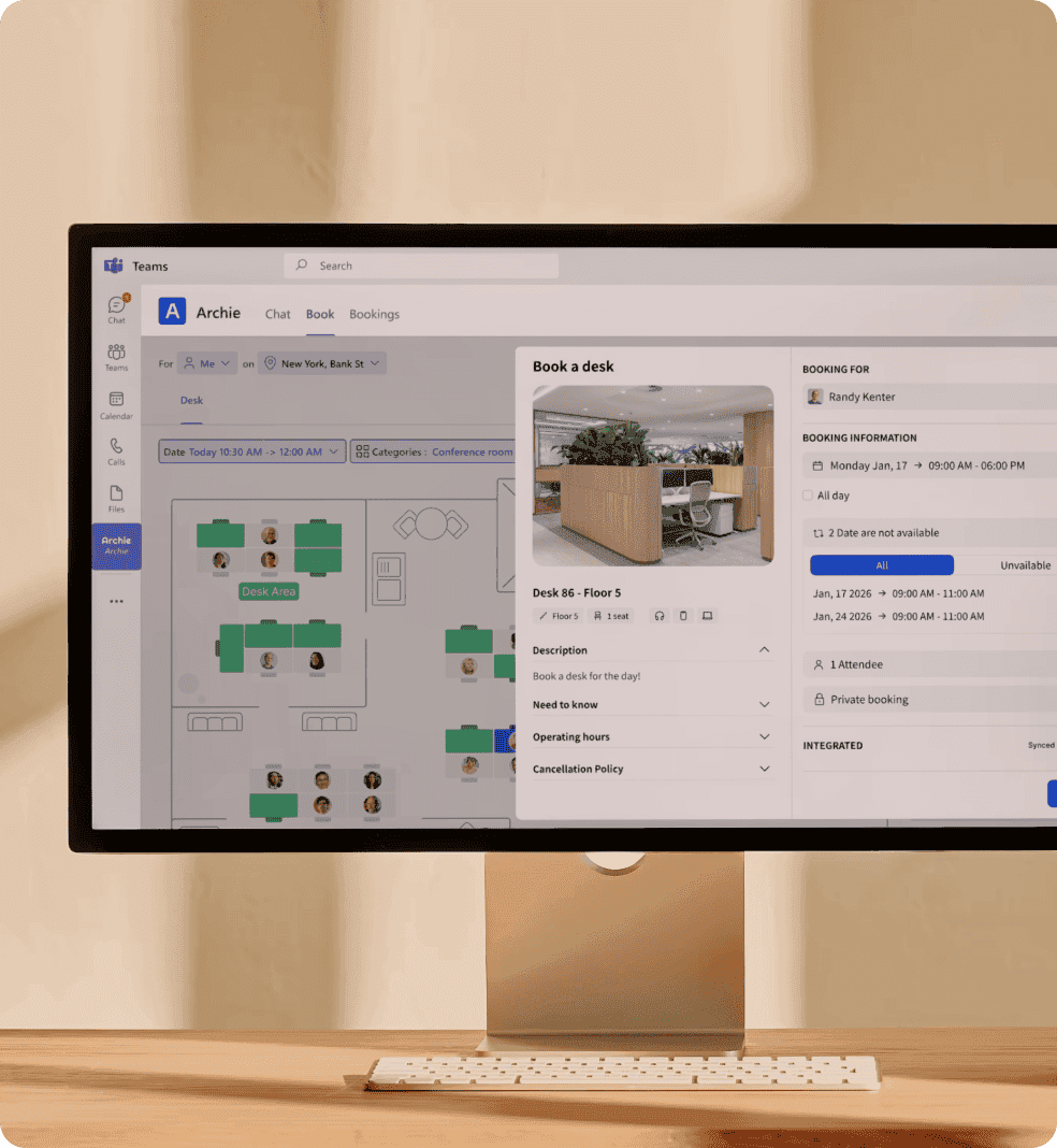Computer screen displaying a desk booking interface within Teams app.