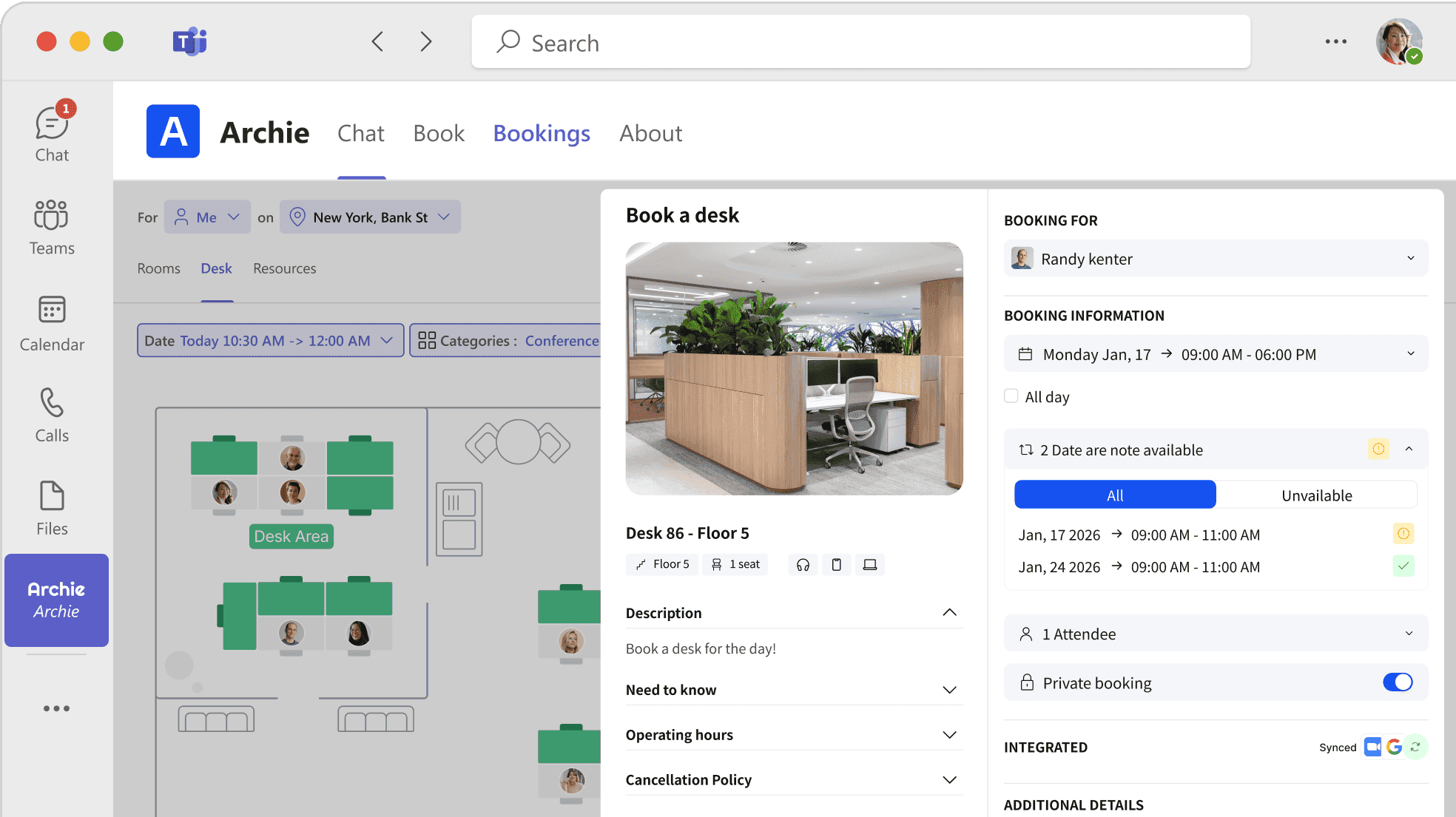 Teams app window with desk booking map and reservation details.