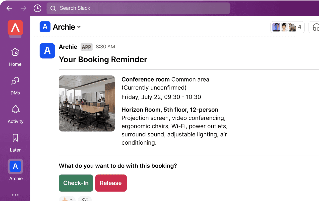 Slack app reminder for conference room booking with check-in and release options.