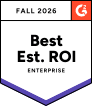 A badge labeled "Best Estimated ROI" awarded for Fall 2026 in the enterprise category by G2.