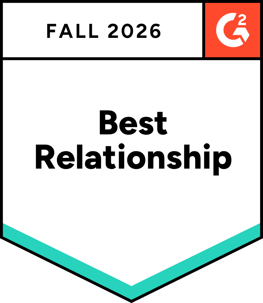 A badge labeled "Best Relationship" awarded for Fall 2026 by G2.