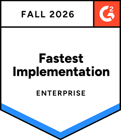 A badge labeled "Fastest Implementation" awarded for Fall 2026 in the enterprise category by G2.