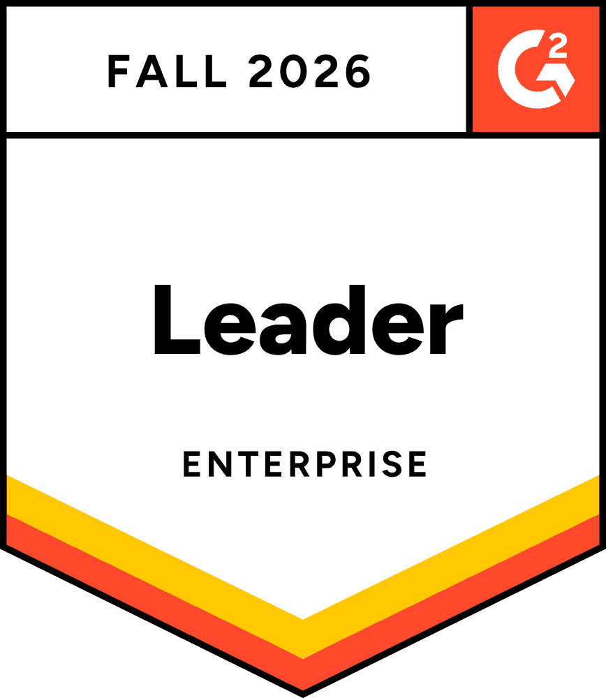 A badge labeled "Leader" awarded for Fall 2026 in the enterprise category by G2.
