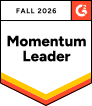 A badge labeled "Momentum Leader" awarded for Fall 2026 by G2.