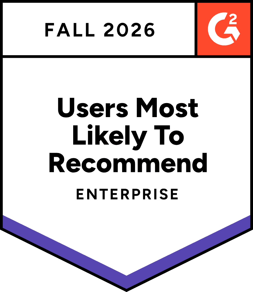 A badge labeled "Users Most Likely to Recommend" awarded for Fall 2026 in the enterprise category by G2.