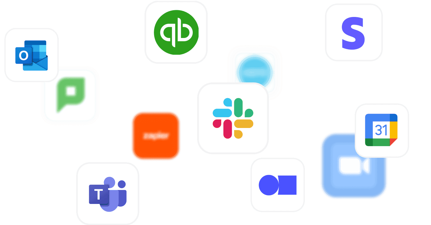 Collection d'icônes d'applications incluant Outlook, QuickBooks, Slack, Google Calendar, Microsoft Teams, et d'autres.