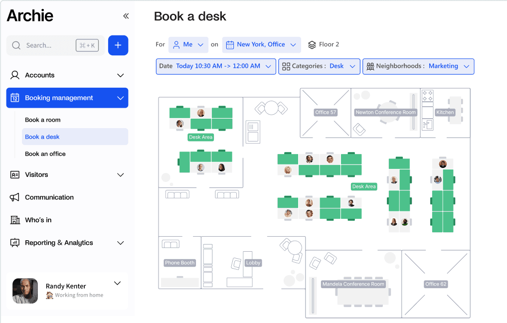 Capture d'écran de la fonction "Réserver un bureau" de l'application Archie, montrant un plan d'étage avec des bureaux disponibles et des filtres de voisinage.