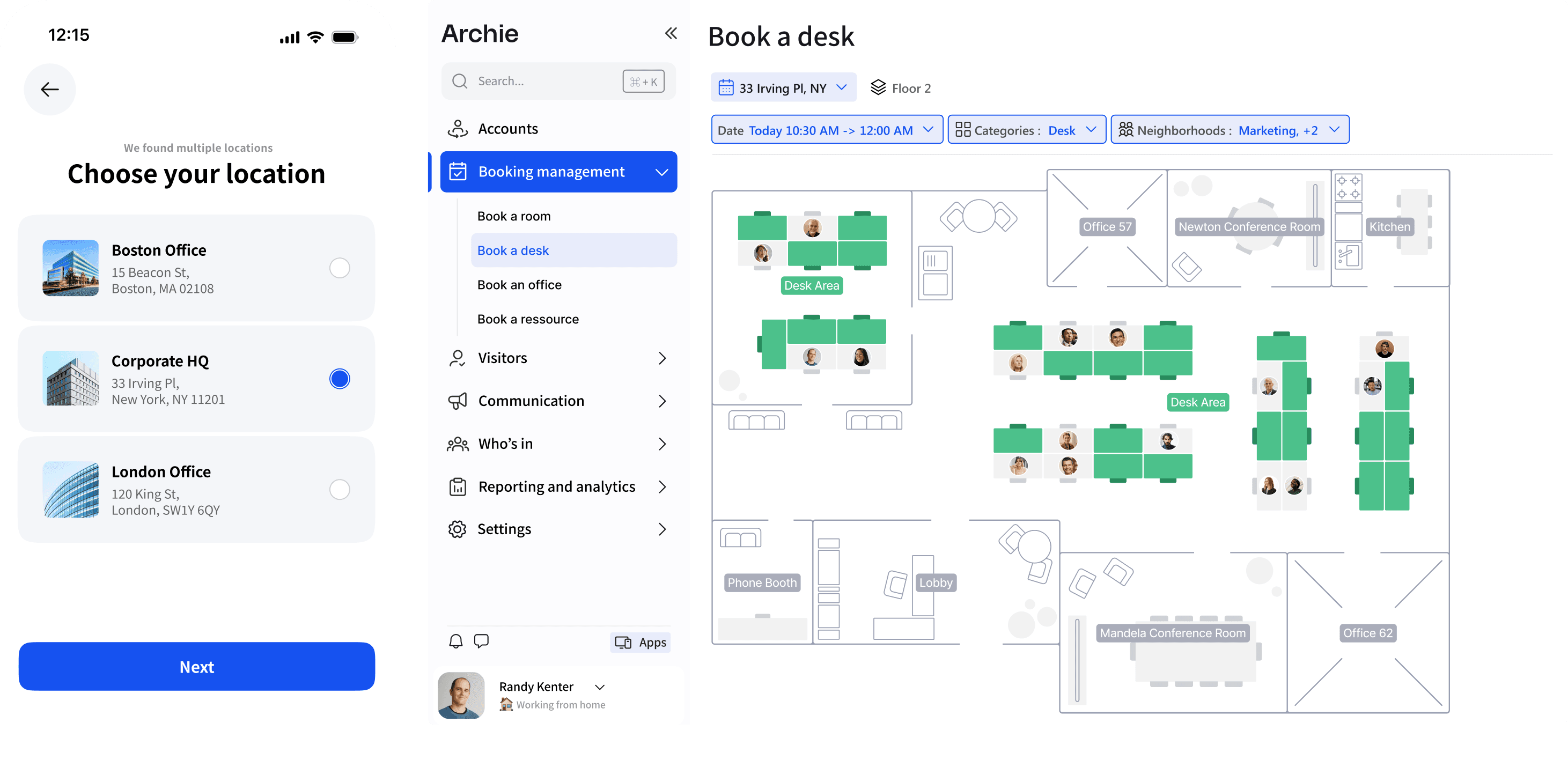 Mobile and desktop application interfaces for choosing office locations and booking desks