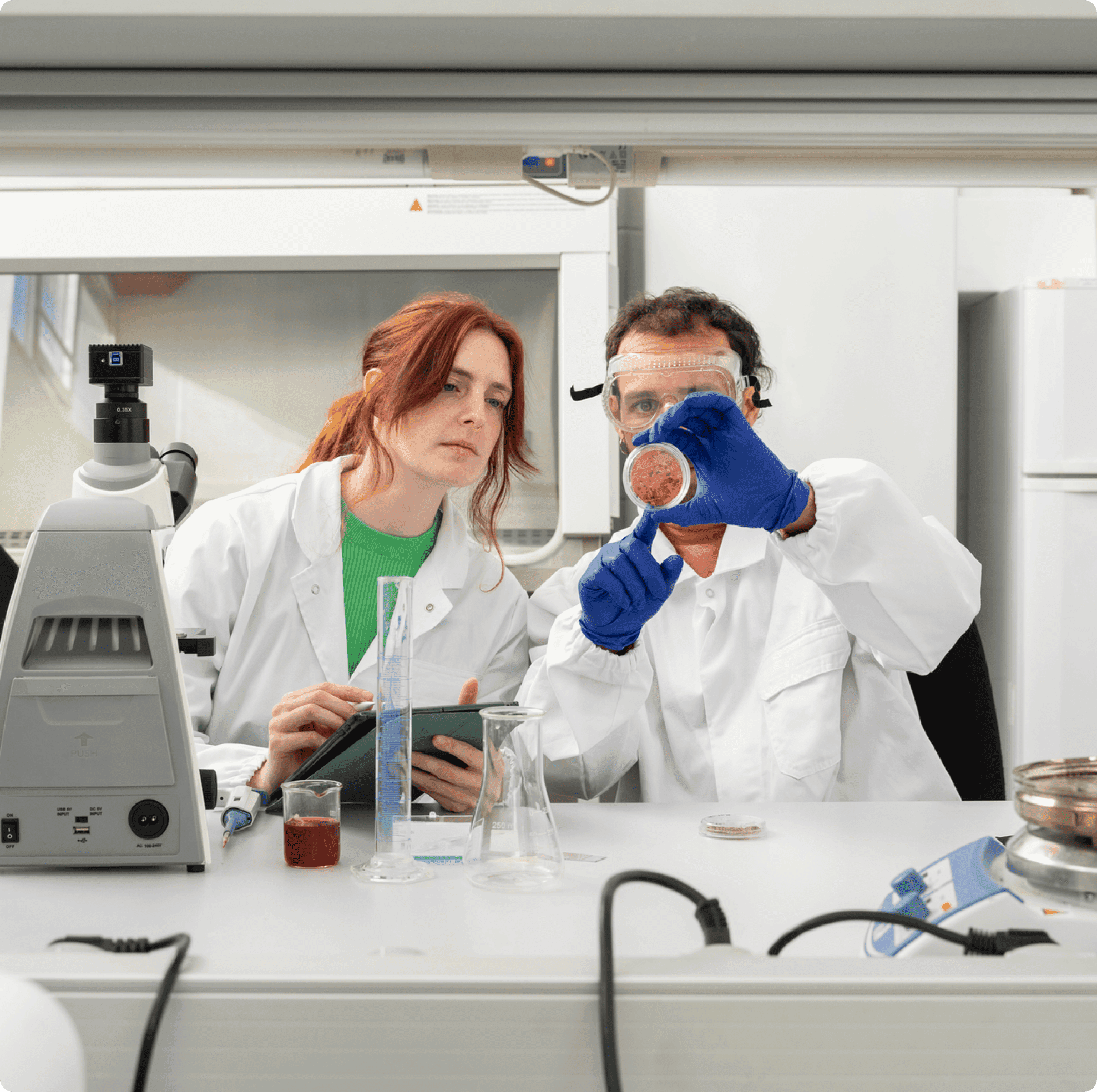 Two lab technicians in white coats and gloves discuss results at a laboratory workstation with scientific equipment.