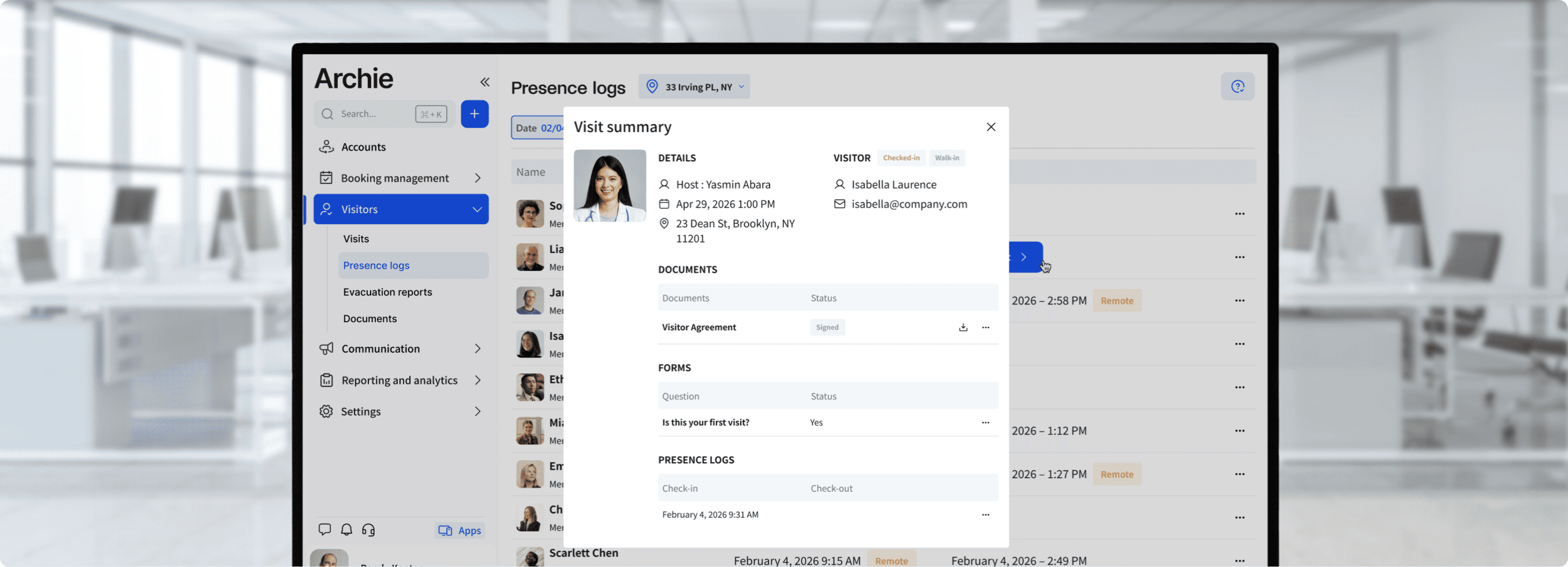 Computer screen displaying a visitor summary and presence logs for an individual in a laboratory office.