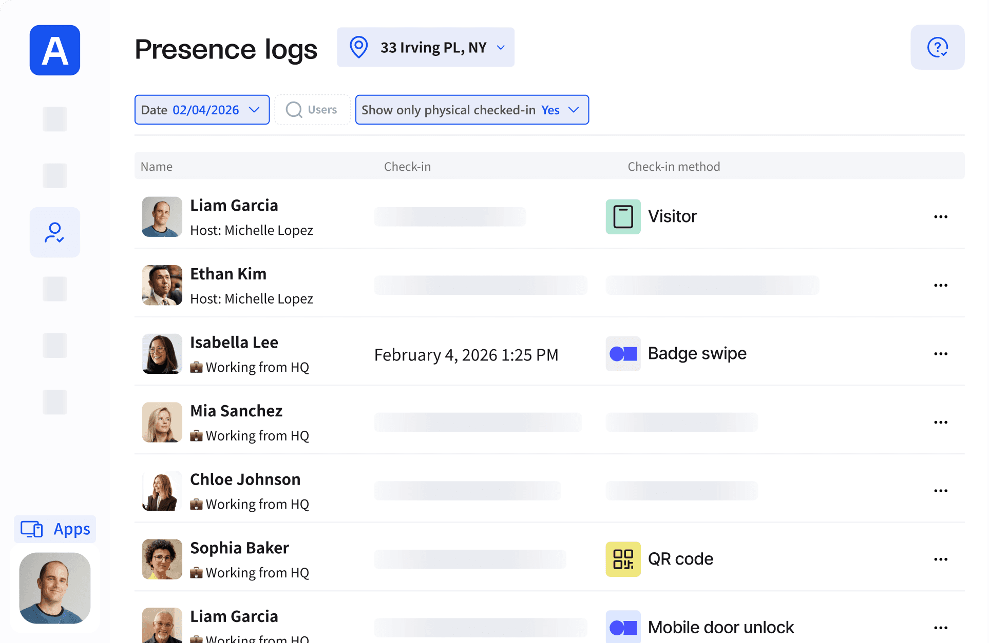 Desktop presence logs screen showing user check-in details, names, and check-in methods