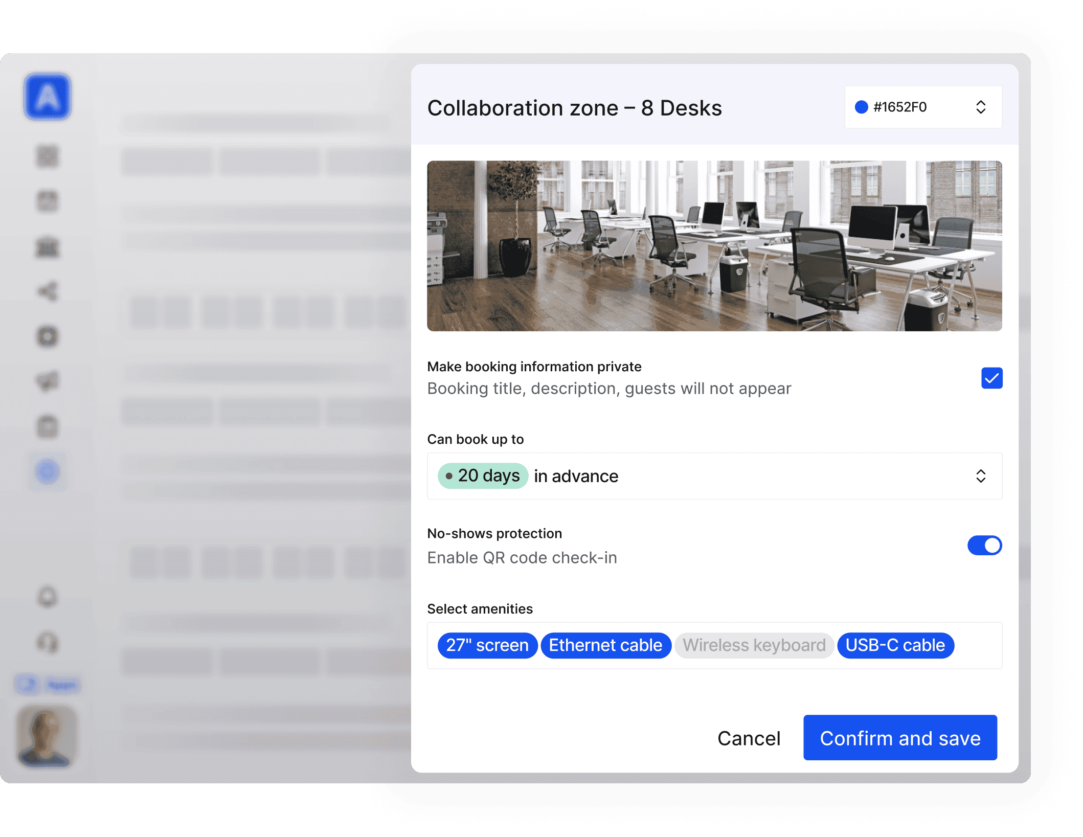 “Collaboration zone - 8 desks” booking form with photo, privacy toggle, advance booking slider, and equipment checkboxes.