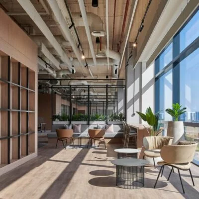 An open office space with a large window.