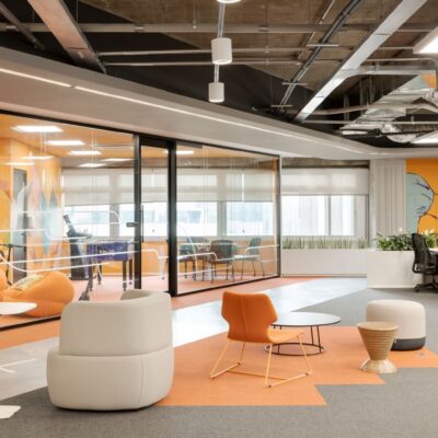 modern hybrid workplace with orange decor
