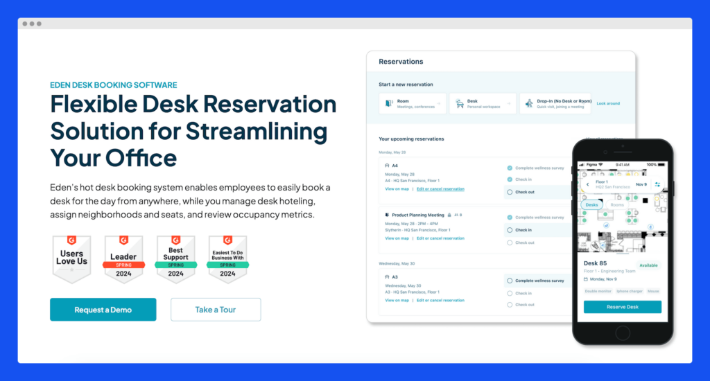 A mockup showing Eden, desk booking software.