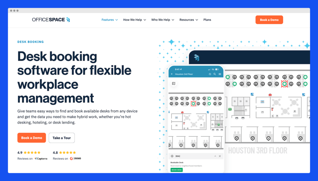 A mockup showing OfficeSpace, desk booking software.