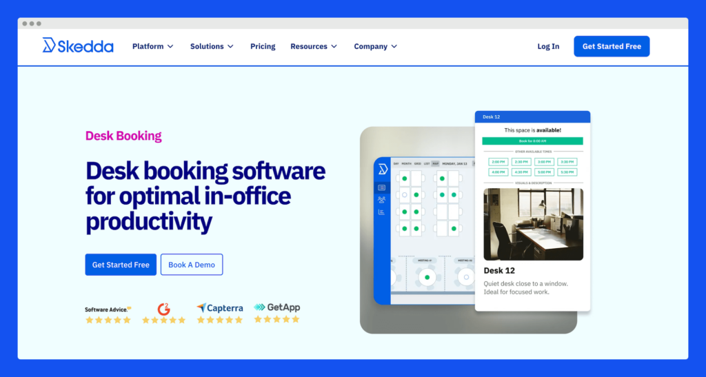 A mockup showing Skedda, desk booking software.