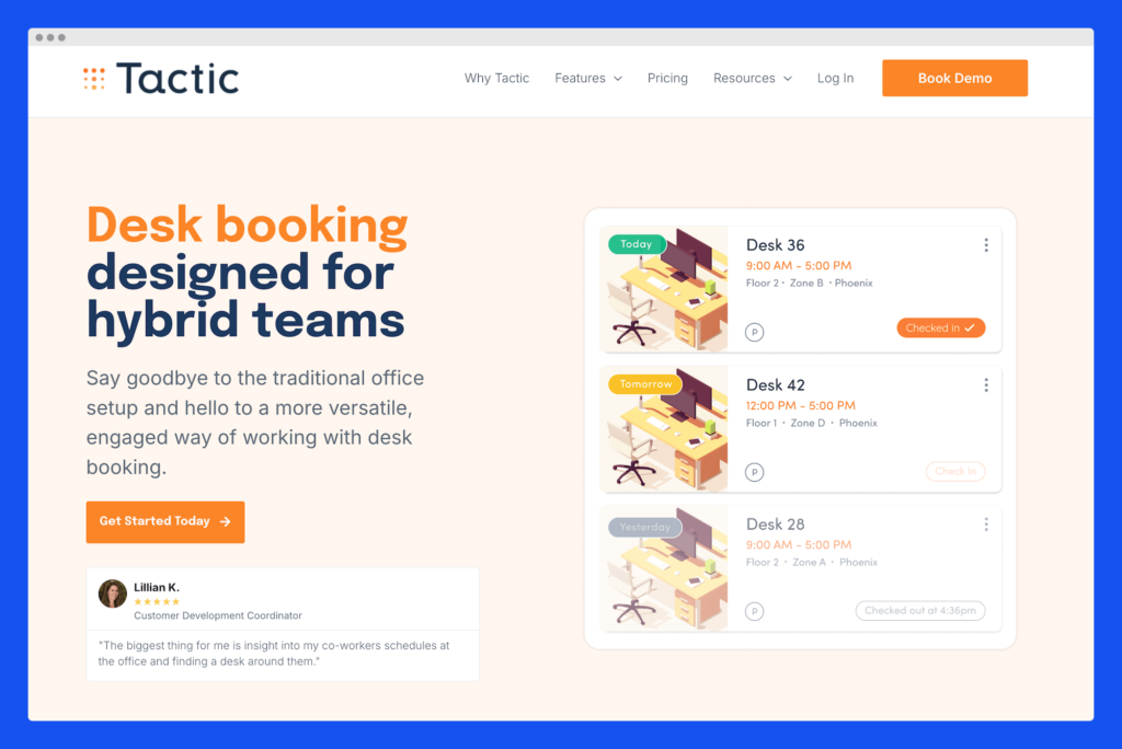 A mockup showing Tactic, desk booking software.