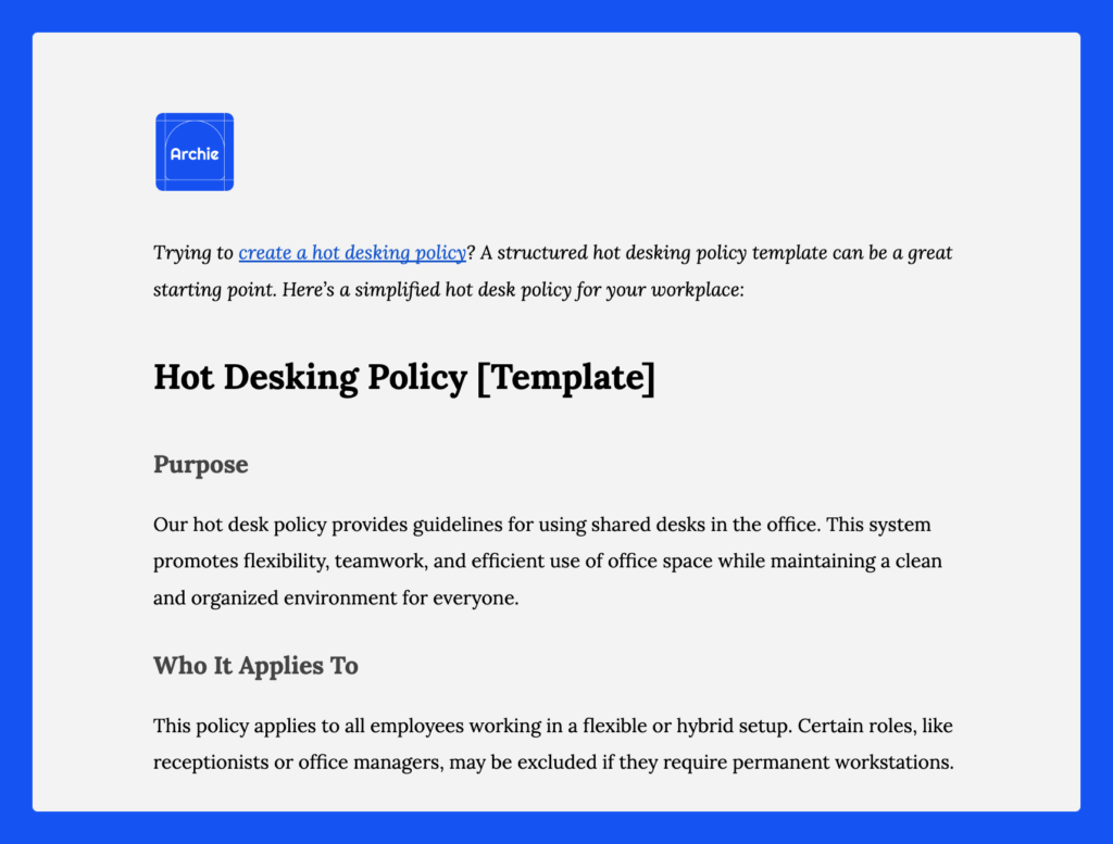 A hot desk policy template from Archie.