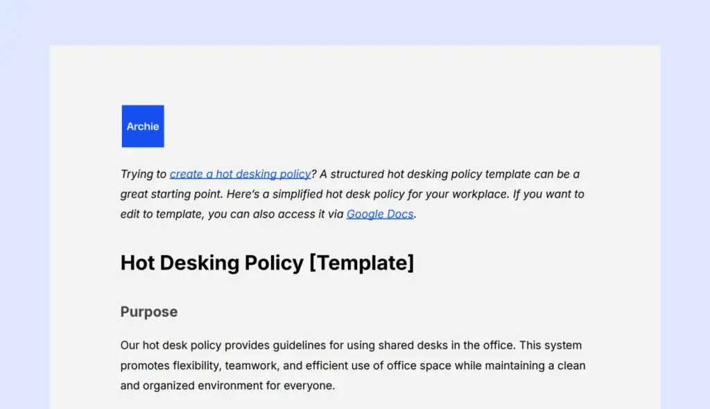 Hot desking policy template from Archie.