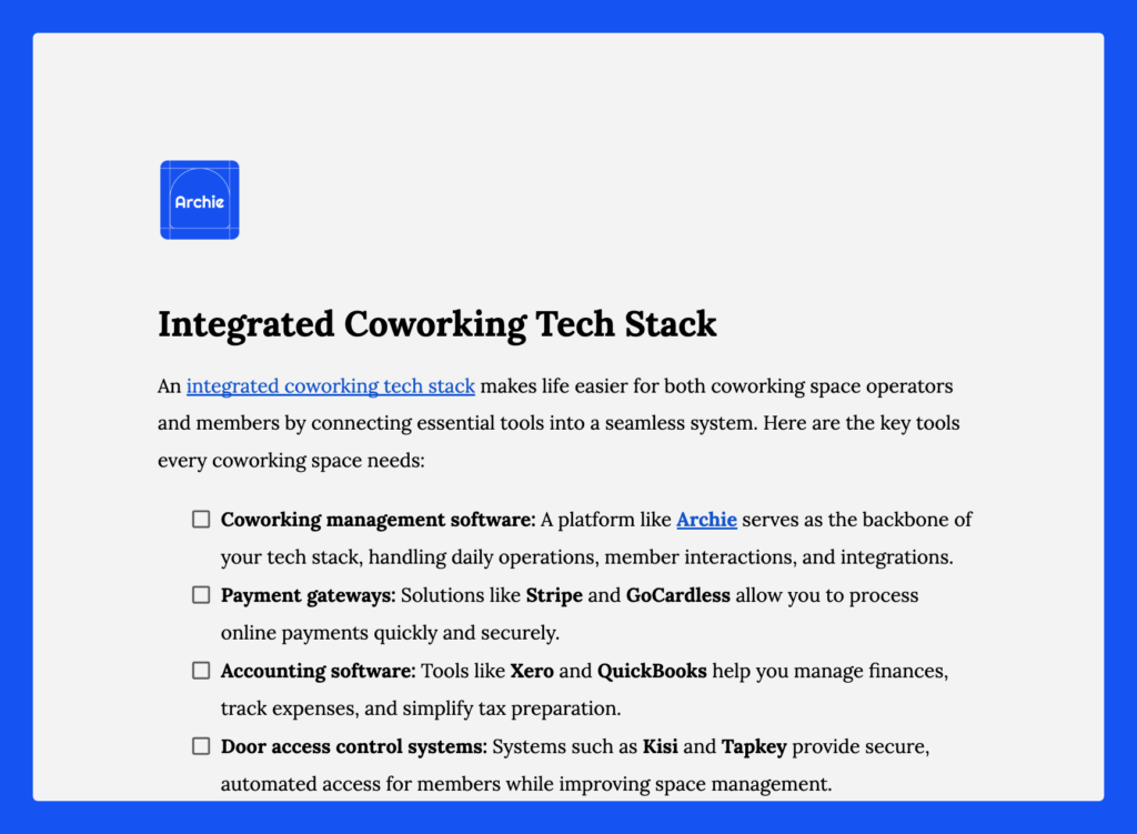 Integrated coworking tech stack checklist.