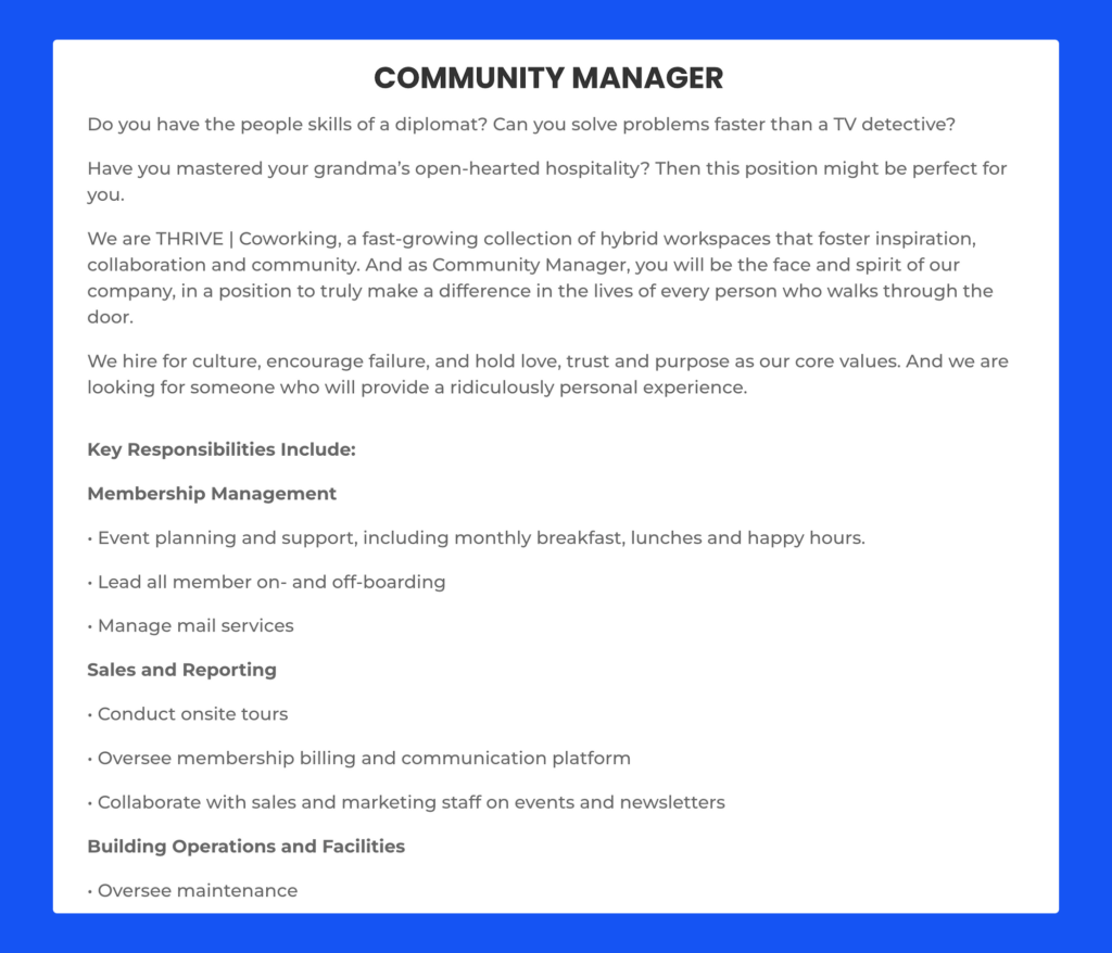 Community manager job description examples from THRIVE.