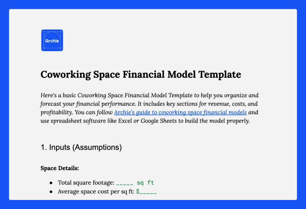 Coworking space financial model template.