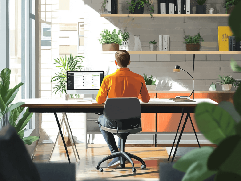 A person in an orange shirt is working at a desk in a bright, plant-filled workspace.