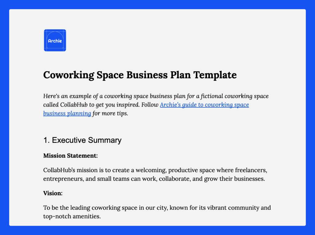 Coworking space business plan template.