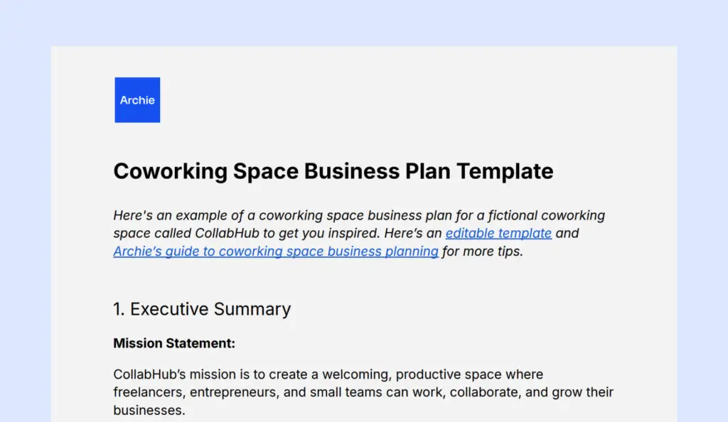 Coworking space business plan template from Archie.